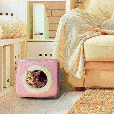 Indoor Cat Pet Bed Cave, Enclosed Cavern With Removable Cushion Pad For Cats/Small Animals , Pink